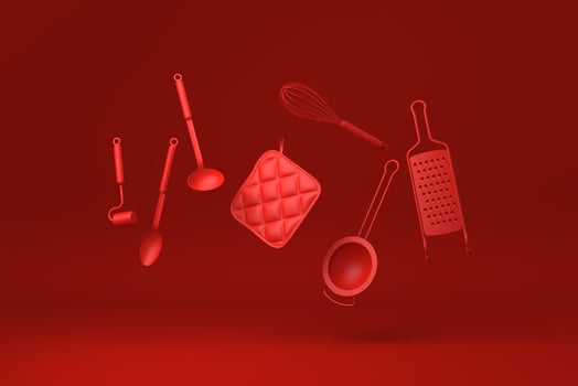 Red Cooking utensils floating in Red background. minimal concept idea creative. monochrome. 3D render. photo