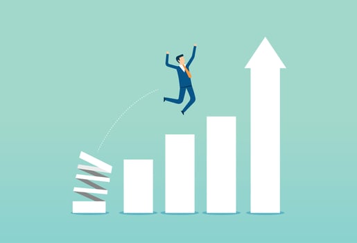 Businessman jumping from springboard, back to top, growing bar graph, stock market rise, highest point vector