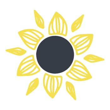 Yellow summer flower, sunny flower, sunflower silhouette in a flat style, cartoon illustration, icon on an isolated white background, vector illustration, Print