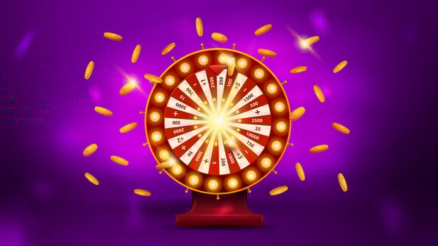Volumetric cartoon Casino Wheel Fortune with gold coins around on purple blurred background vector