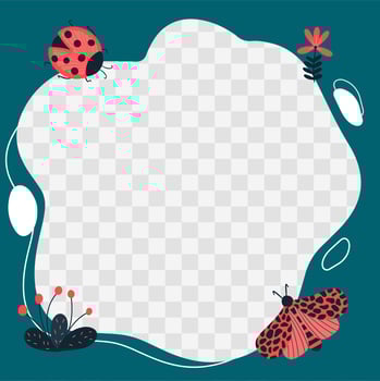 Insects, butterflies, beetles, flowers. Vector frame in the form of a spot in a flat cartoon style. Template for children's photos, postcards, invitations.