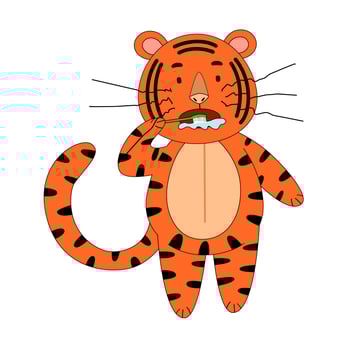 tiger brushing his teeth, cute animal. the idea of a character for a greeting card, a children is wall painting. vector