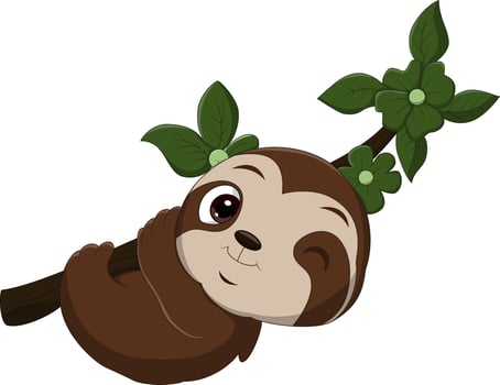 Cartoon funny baby sloth hanging on tree vector