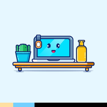 cute laptop illustration with cactus flower and water bottle vector