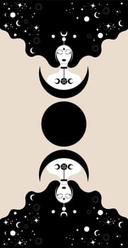 Priestess with lonh hair, banner template. Triple Moon, sacred wiccan women goddess icon. Crescent Moon Religious Wicca sign. Neopaganism symbols on old vintage celestial background vector