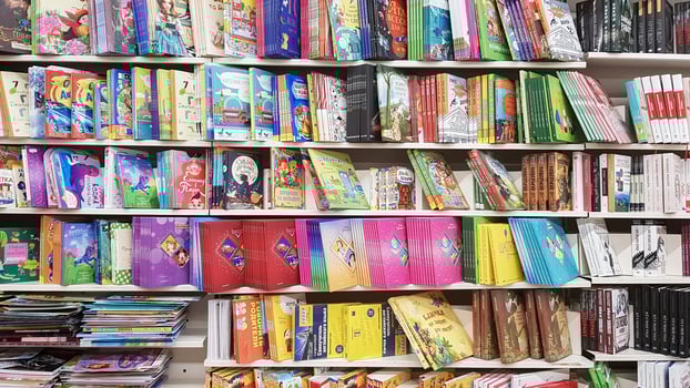 Ukraine, Kiev - October 10, 2019. a store of children's and adult literature. Showcases on the market with new books. Editorial photo. photo