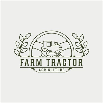 farm tractor logo line art vintage vector illustration template icon graphic design. agriculture landscape view with badge retro
