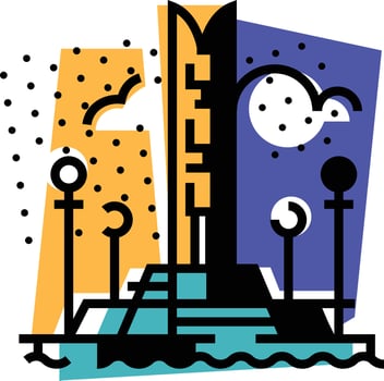 Illustration of a city. Embankment of the city of Izhevsk. Monument of friendship of peoples. An abstract icon. Illustration for the site, booklet, poster. The symbol of the city. vector