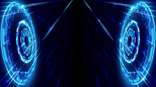 Perspective speed arrow and glowing HUD circle of computer data. Abstract futuristic high technology background. Internet motivation and connection to communicate of innovation vector