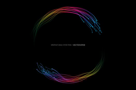 Abstract wavy dynamic spectrum light lines circle swirl round frame isolated on black background in concept technology, neural network, neurology, science, music vector