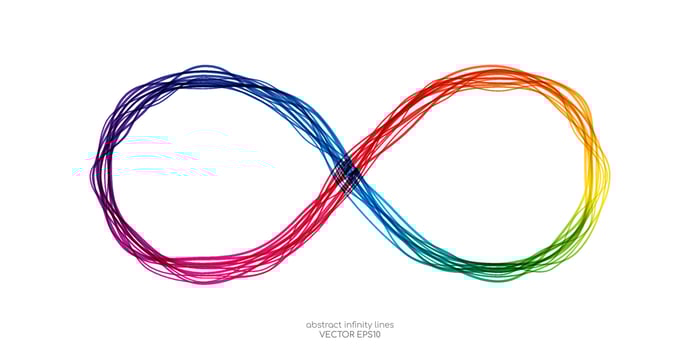 Infinity symbol by wavy lines colorful spectrum light isolated on white background in concept unlimited, technology, digital. vector