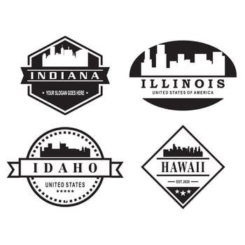 indiana , illinois , idaho , and hawaii skyline silhouette vector logo
