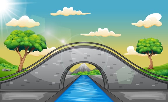 Cartoon landscape with arch bridge and mountains background vector