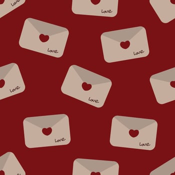 Seamless pattern with letters. Heart and love word. Red background. Vector illustration