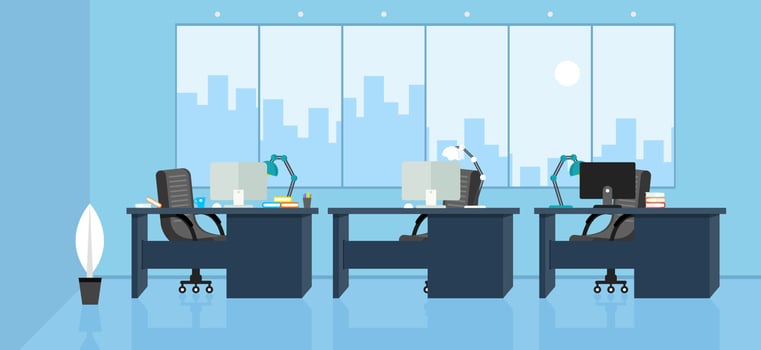 learning and teaching business office to work modern interior, office cabinet with computer colorful vector illustration in flat cartoon style vector design
