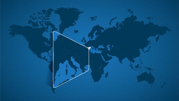 Detailed world map with pinned enlarged map of San Marino and neighboring countries. vector