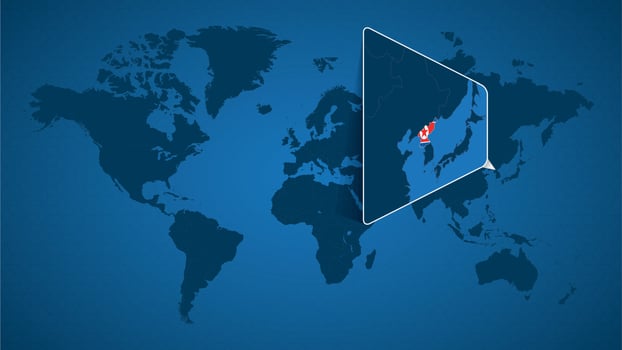 Detailed world map with pinned enlarged map of North Korea and neighboring countries. vector