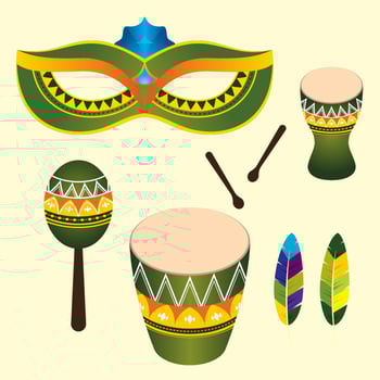 brazil carnival elements, brazil carnival design elements. colored feather masks and brazil drums vector