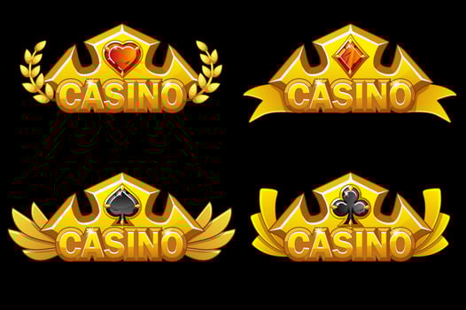 Set of app icons of golden crowns awards with signs of game cards. Vintage crowns for a casino winner. vector