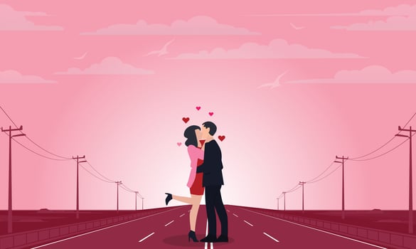 Happy valentine's day sweet couple in love hug and kiss on the romantic road. vector