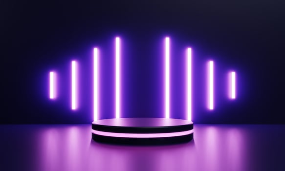 Modern product showcase sci-fi podium with pink glowing light neon background. Technology and object concept. 3D illustration rendering photo
