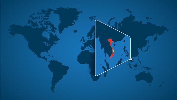 Detailed world map with pinned enlarged map of Vietnam and neighboring countries. vector