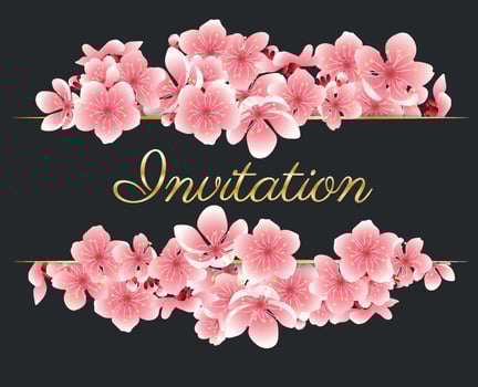 Vector greeting card template with flowers blossoms. For Valentine's day. Cherry flower spring banner with blooming sakura on the black background. Invitation for wedding Hanami