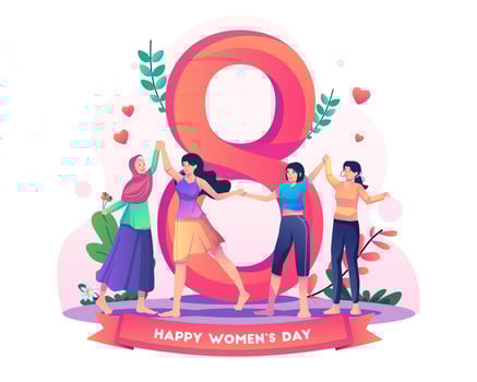 Group of happy women holding hands celebrating women's day in front of big 8 number symbol. International Women's Day concept Flat style vector illustration
