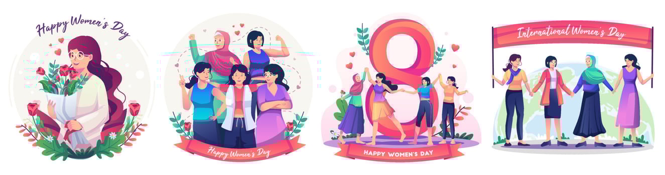 Set of International Women's Day concept with happy multinational diverse women celebrate womens day. Struggling for freedom, independence, equality. Flat style vector illustration