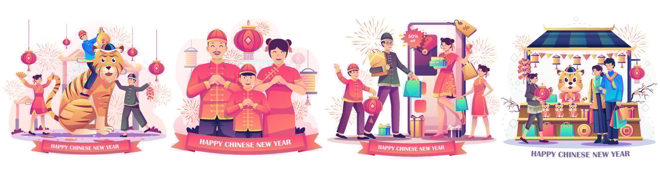 Set of Chinese New Year with People celebrates the lunar new year. children playing with a zodiac lion. family online shopping. couple shopping in street market store. flat style vector Illustration