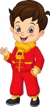 Cartoon happy chinese boy waving hand vector