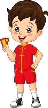 Cartoon happy chinese boy holding an envelope vector