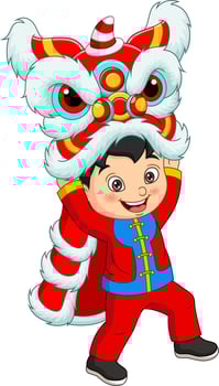 Cartoon chinese boy with lion dance vector