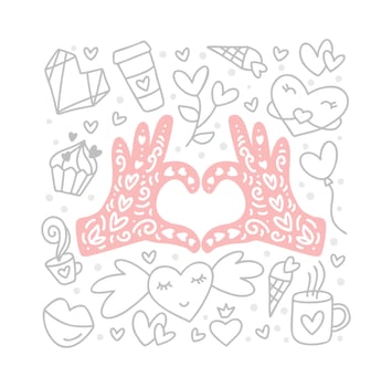 Valentines day vintage doodle vector elements and hands in form of heart in center. Hand drawn love poster, diamond, envelope, cake, cup. Romantic illustration quote greeting card