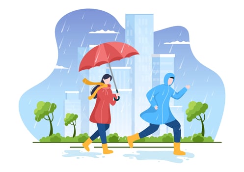 People Wearing Raincoat, Rubber Boots and Carrying Umbrella In the Middle of Rain Showers Storm. Flat Background Cartoon Vector Illustration for Banner or Poster