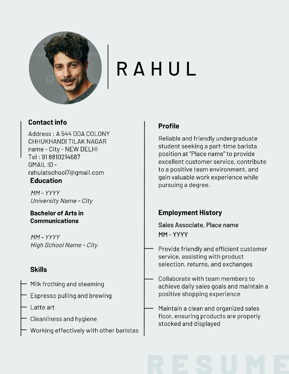 Barista Part Time Resume Template