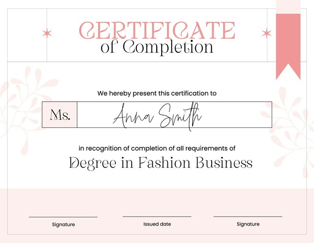 Pink Modern Minimalist for Fashion Business Degree Certificate