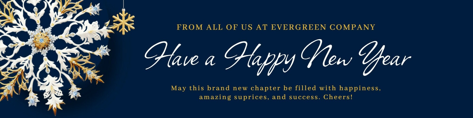 company new year banner social media in blue and gold snowflakes