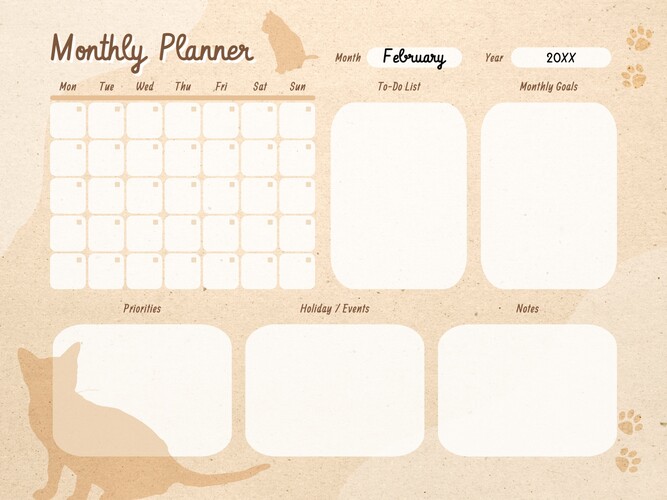 Minimalist Cat Silhouette Monthly Planner Template