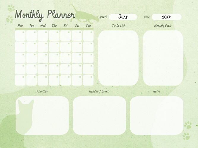 Minimalist Cat Silhouette Monthly Planner Template