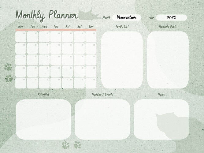 Minimalist Cat Silhouette Monthly Planner Template