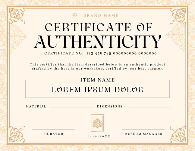 Certificate of Authenticity with Victorian Swirl Style Design