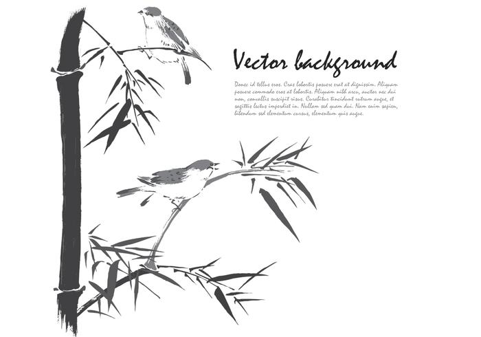 Ink Drawn Bamboo Birds Background Vector Ink Drawn Bamboo Birds Background Vector
