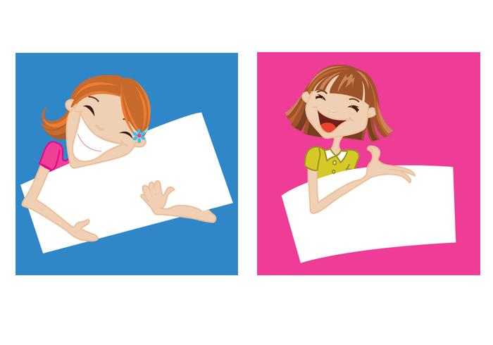 Happy Girls Holding Banners Vector Set Happy Girls Holding Banners Vector Set