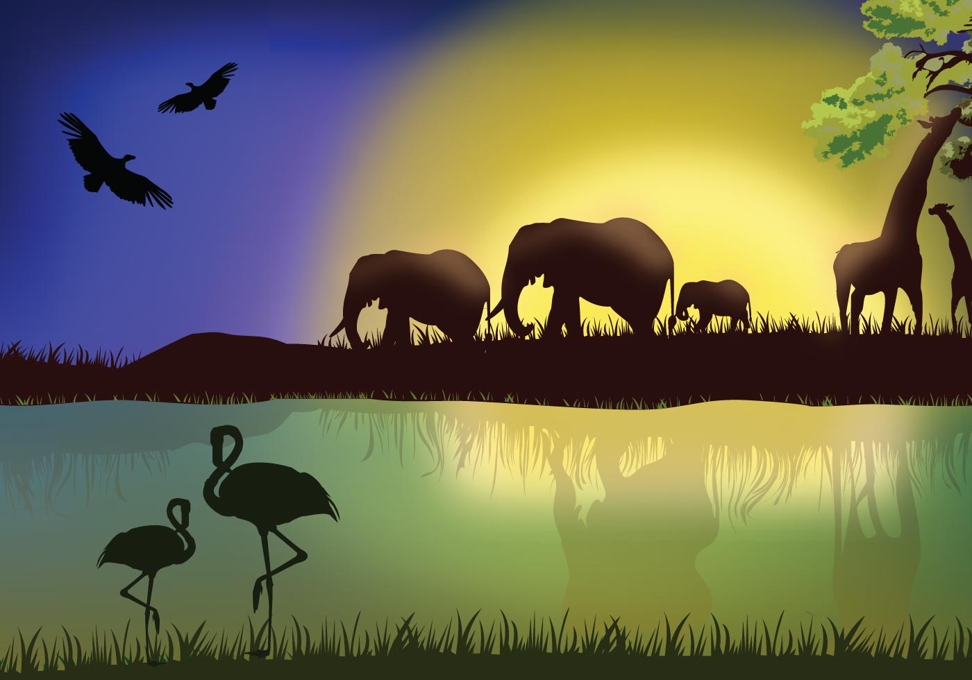 African Landscape with animals Download Free Vector Art