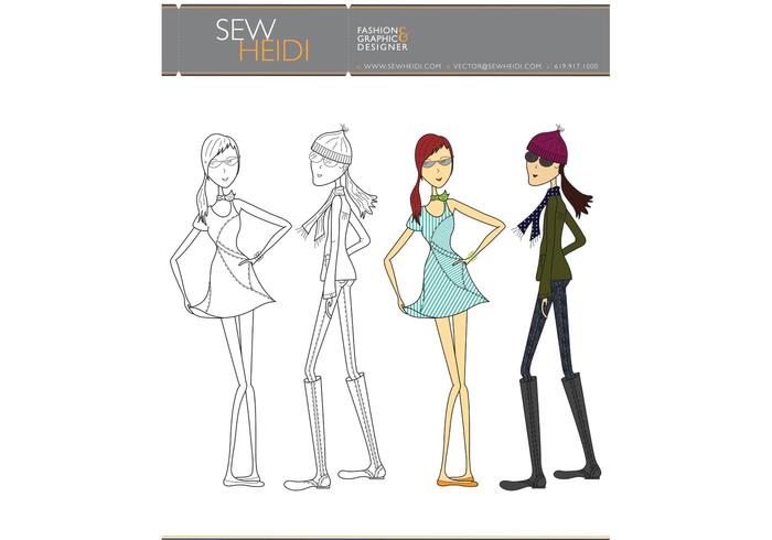 Outfitted Female Fashion Sketch Vectors Outfitted Female Fashion Sketch Vectors
