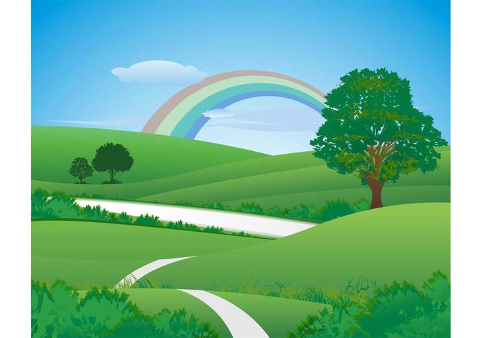 Fresh green landscape with rainbow