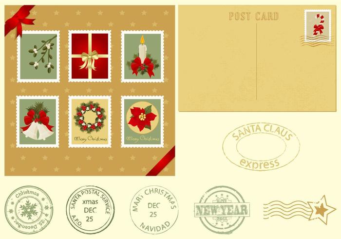 Postal de Navidad y sellos Vector Pack