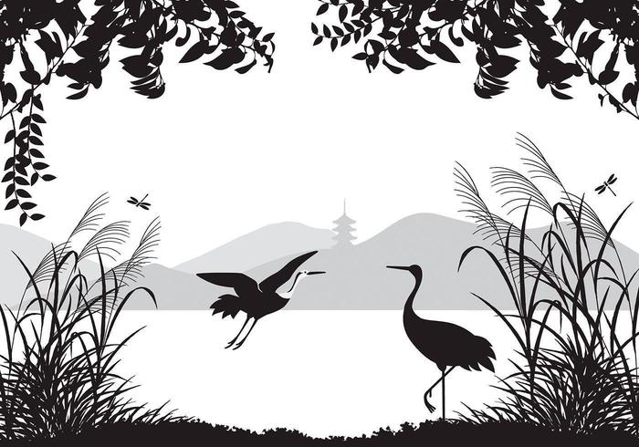 Paisaje asiático Wallpaper con Herons Vector Pack