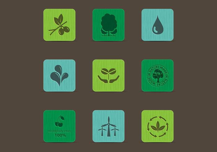 Iconos de naturaleza ecológica en conjunto de vectores de madera de color